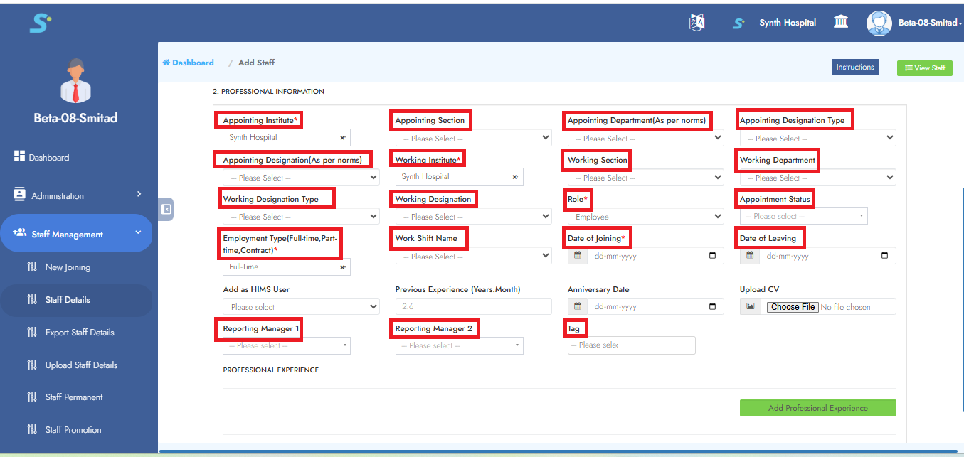 Add Professional Experience